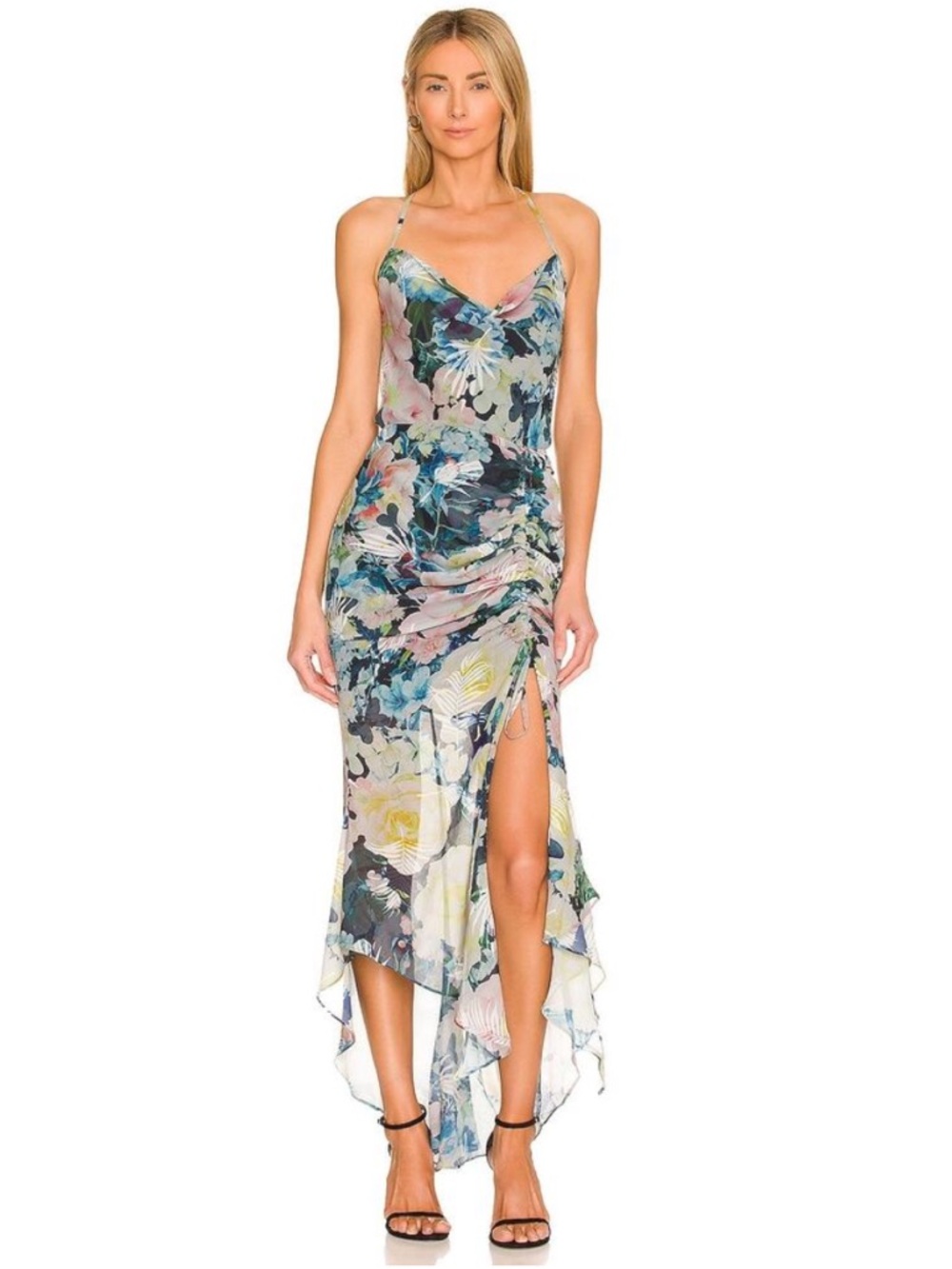 Sau Lee Freida Blue Moody Floral Asymmetrical Dress Mermaid Wedding Guest Size 6 - Picture 1 of 14